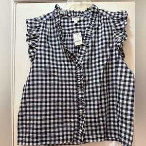 J. Crew Navy and White Gingham Sleeveless Ruffle Blouse